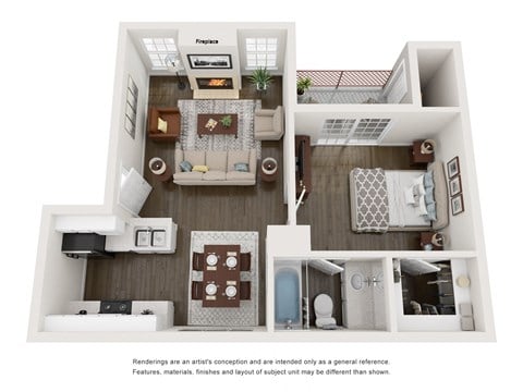Floor plan for 1 bed, 1 bath, 593 sqft